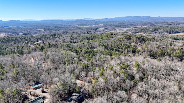 birds eye view of property with a wooded view and a mountain view