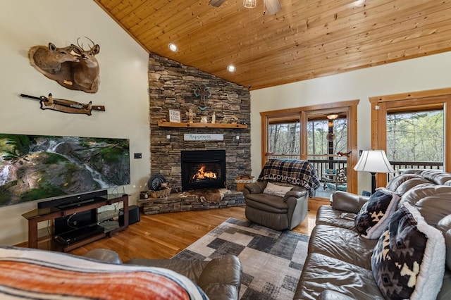 2487 Newport Dr, Ellijay, GA 30540 - living area featuring high vaulted ceiling, a fireplace, wooden ceiling, and wood finished floors