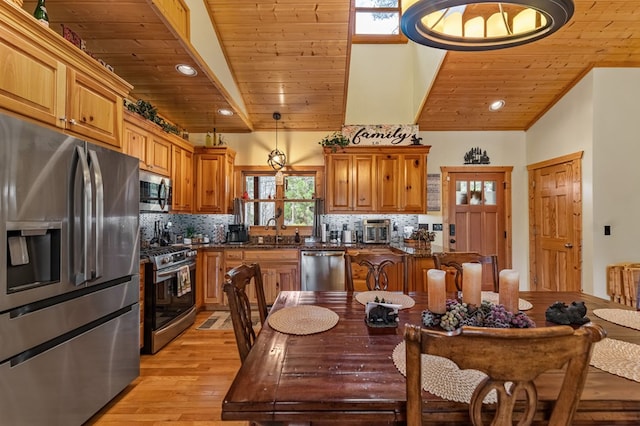 2487 Newport Dr, Ellijay, GA 30540 - kitchen featuring light wood-type flooring, wooden ceiling, backsplash, and appliances with stainless steel finishes