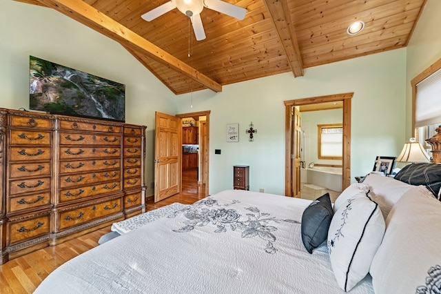 2487 Newport Dr, Ellijay, GA 30540 - bedroom with wooden ceiling, wood finished floors, connected bathroom, and lofted ceiling with beams