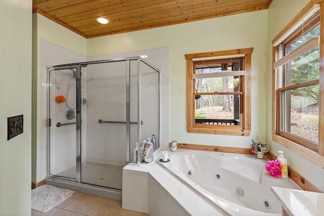 2487 Newport Dr, Ellijay, GA 30540 - full bathroom featuring tile patterned floors, a jetted tub, wooden ceiling, and a stall shower