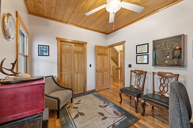 2487 Newport Dr, Ellijay, GA 30540 - sitting room with wood ceiling, wood finished floors, crown molding, and a ceiling fan