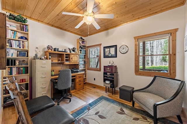 2487 Newport Dr, Ellijay, GA 30540 - office space with wood ceiling, ceiling fan, baseboards, and light wood-style floors
