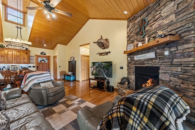 2487 Newport Dr, Ellijay, GA 30540 - living area with ceiling fan, a fireplace, high vaulted ceiling, wooden ceiling, and wood finished floors