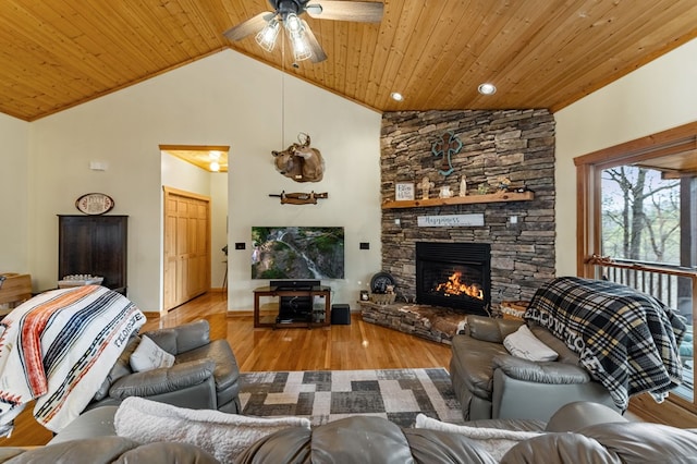 2487 Newport Dr, Ellijay, GA 30540 - living room with wooden ceiling, wood finished floors, and a fireplace