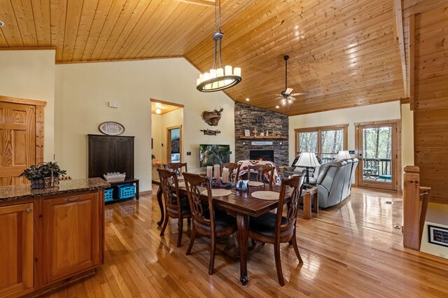 2487 Newport Dr, Ellijay, GA 30540 - dining space featuring high vaulted ceiling, light wood-style flooring, a ceiling fan, a stone fireplace, and wooden ceiling