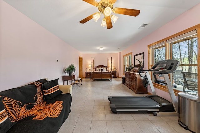 2487 Newport Dr, Ellijay, GA 30540 - exercise room featuring visible vents, a ceiling fan, and light tile patterned flooring