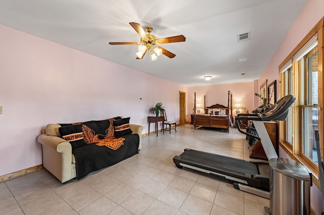 2487 Newport Dr, Ellijay, GA 30540 - workout area with light tile patterned flooring, baseboards, a ceiling fan, and visible vents
