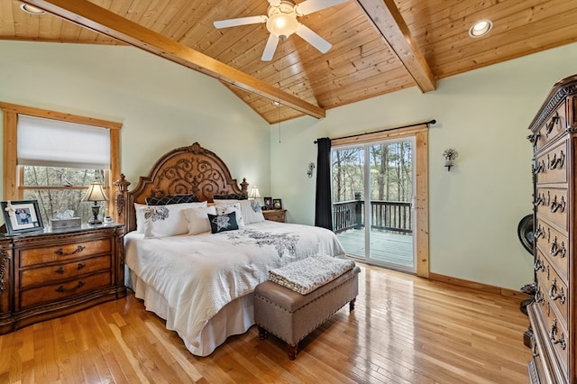 2487 Newport Dr, Ellijay, GA 30540 - bedroom featuring baseboards, lofted ceiling with beams, access to exterior, light wood finished floors, and wood ceiling