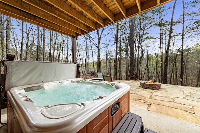 2487 Newport Dr, Ellijay, GA 30540 - view of patio / terrace featuring an outdoor fire pit and a hot tub