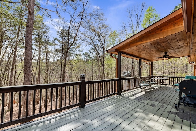 2487 Newport Dr, Ellijay, GA 30540 - deck with grilling area, ceiling fan, and a forest view