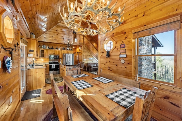 dining space with sink, wood walls, a chandelier, plenty of natural light, and hardwood / wood-style floors