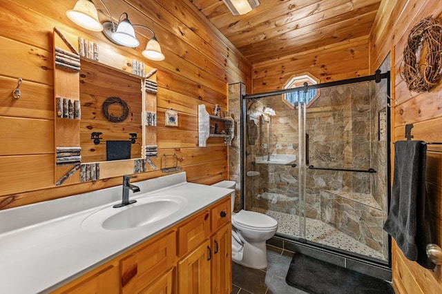 bathroom with wood ceiling, tile patterned flooring, vanity, toilet, and walk in shower