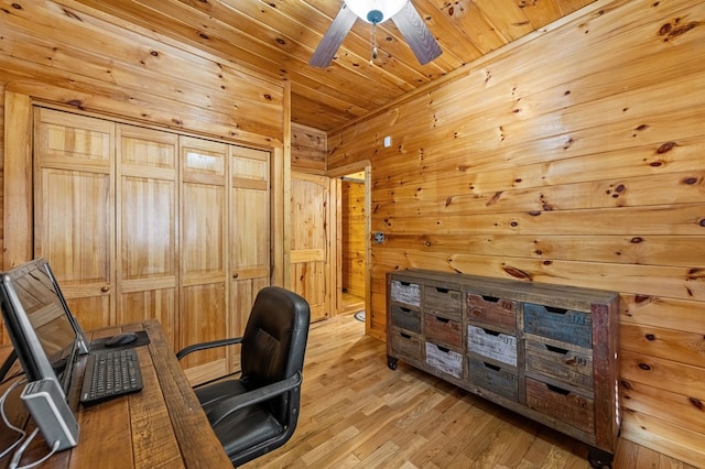 office with ceiling fan, wood ceiling, and light hardwood / wood-style flooring