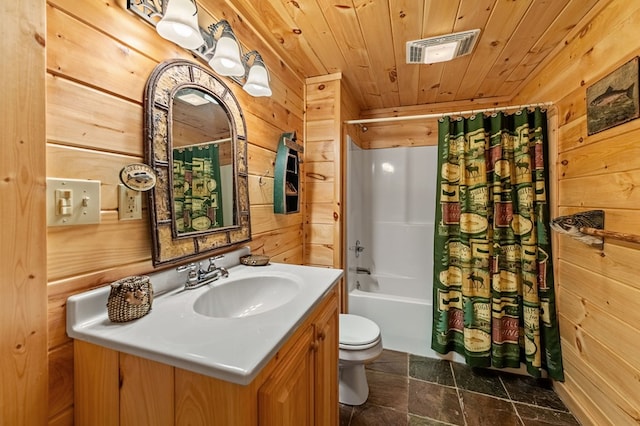 full bathroom featuring toilet, wood walls, wooden ceiling, vanity, and shower / bathtub combination with curtain