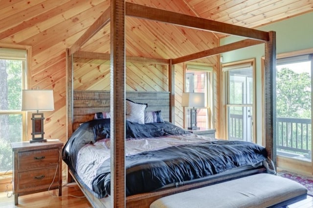 bedroom with access to exterior, wooden ceiling, wood-type flooring, vaulted ceiling with beams, and wooden walls