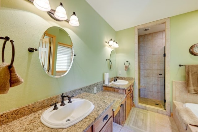 bathroom featuring vanity, lofted ceiling, and plus walk in shower