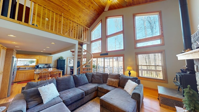 living area with a wood stove, wood ceiling, a wealth of natural light, and light wood-type flooring