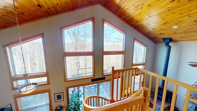 interior space with an upstairs landing and wood ceiling