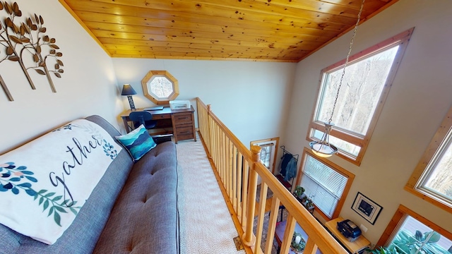 living area with wooden ceiling and carpet floors