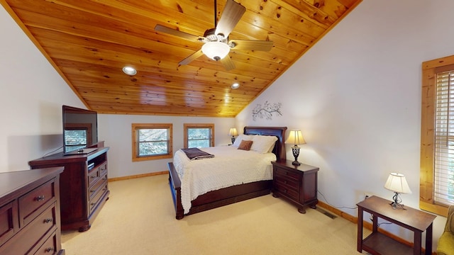 bedroom with baseboards, wooden ceiling, light carpet, and vaulted ceiling
