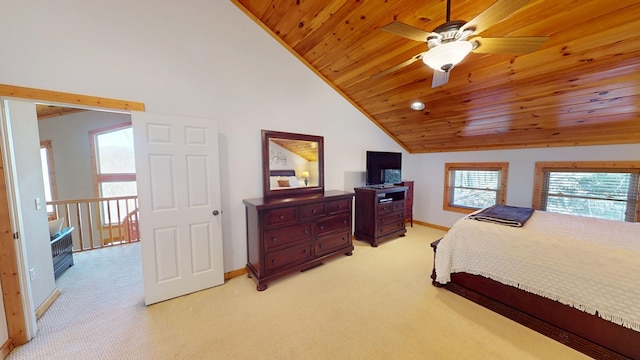 bedroom with wooden ceiling, light carpet, lofted ceiling, and baseboards