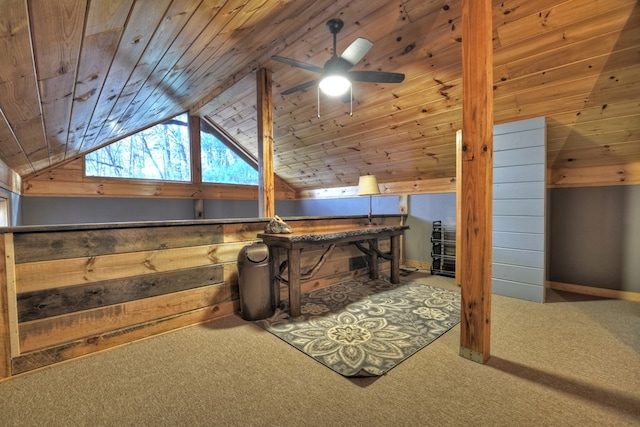 additional living space with lofted ceiling, wood ceiling, wooden walls, and carpet floors