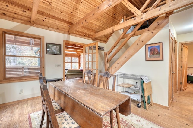 dining space with wood ceiling, light hardwood / wood-style floors, and beam ceiling