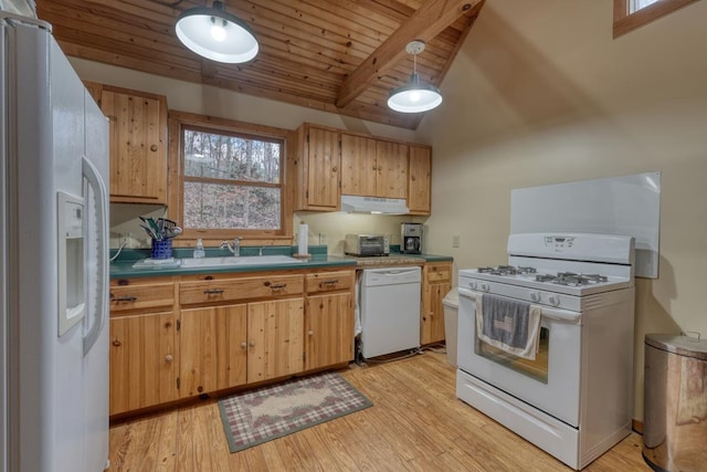 kitchen featuring wood ceiling, sink, pendant lighting, light hardwood / wood-style flooring, and white appliances