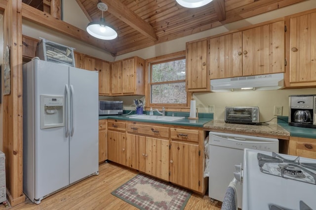 kitchen featuring vaulted ceiling with beams, wood ceiling, sink, light hardwood / wood-style floors, and white appliances