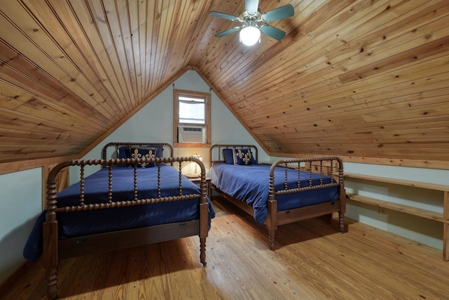 bedroom featuring wooden ceiling, light hardwood / wood-style floors, ceiling fan, cooling unit, and lofted ceiling