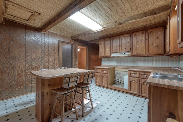 kitchen featuring a kitchen bar, wood ceiling, wooden walls, sink, and beam ceiling