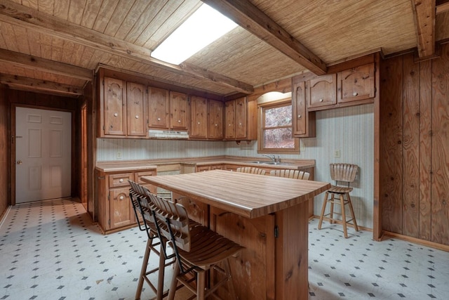 kitchen featuring a breakfast bar area, wood ceiling, sink, and wooden walls