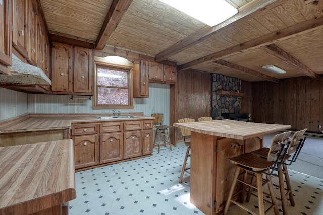 kitchen featuring a kitchen breakfast bar, wood walls, sink, and wooden ceiling