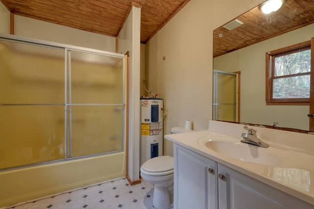 full bathroom with water heater, bath / shower combo with glass door, wood ceiling, and toilet