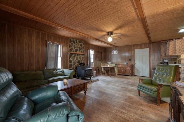 living room featuring a wood stove, wood walls, wood ceiling, light hardwood / wood-style floors, and ceiling fan