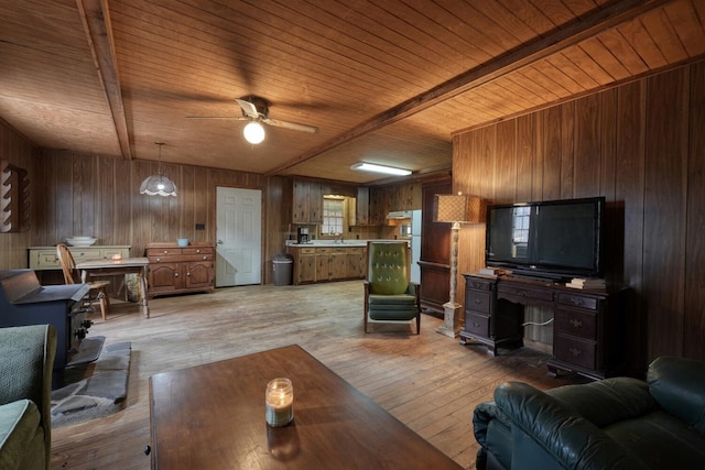 living room with light hardwood / wood-style floors, wooden walls, ceiling fan, and wood ceiling