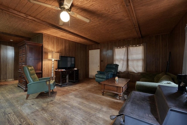 living room with wooden ceiling, wood-type flooring, and wood walls