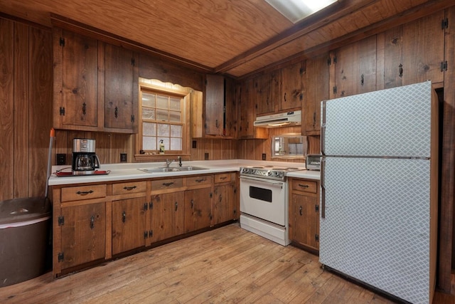 kitchen with light hardwood / wood-style floors, wood ceiling, wood walls, sink, and white appliances