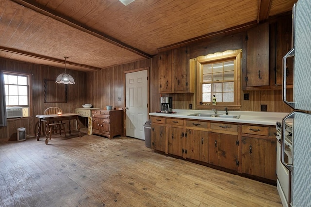 kitchen featuring wood walls, light hardwood / wood-style floors, hanging light fixtures, and a healthy amount of sunlight