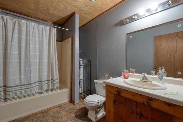 full bathroom featuring vanity, wood ceiling, toilet, and shower / bath combination with curtain