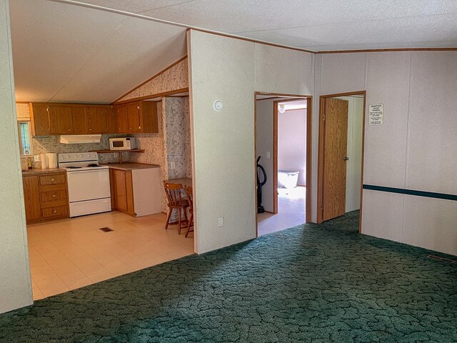 1716 Airport Rd, Marble, NC 28905 - kitchen with under cabinet range hood, light colored carpet, lofted ceiling, brown cabinets, and white appliances