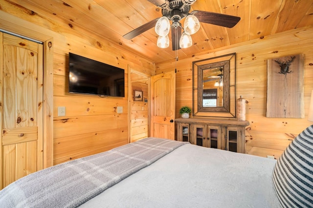 bedroom with wood ceiling and wooden walls