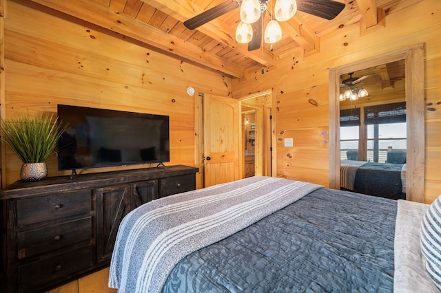 bedroom featuring beamed ceiling, wood ceiling, and wood walls