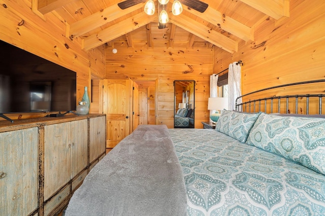 bedroom featuring lofted ceiling with beams, wooden ceiling, and wood walls