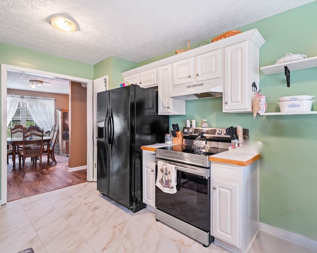 kitchen with white cabinetry, stainless steel electric range oven, black refrigerator with ice dispenser, and a textured ceiling