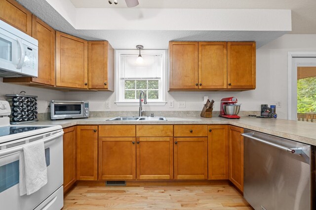 kitchen featuring light hardwood / wood-style floors, plenty of natural light, sink, and white appliances