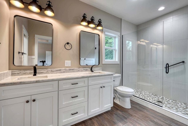 bathroom featuring vanity, wood-type flooring, toilet, and walk in shower