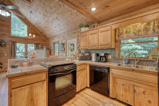 kitchen with sink, light hardwood / wood-style flooring, wood ceiling, and black appliances