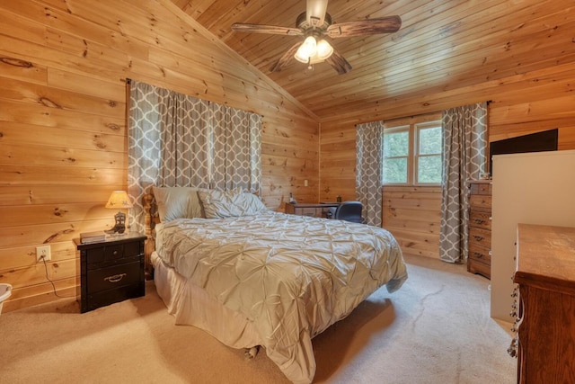 carpeted bedroom with ceiling fan, wooden ceiling, wooden walls, and lofted ceiling